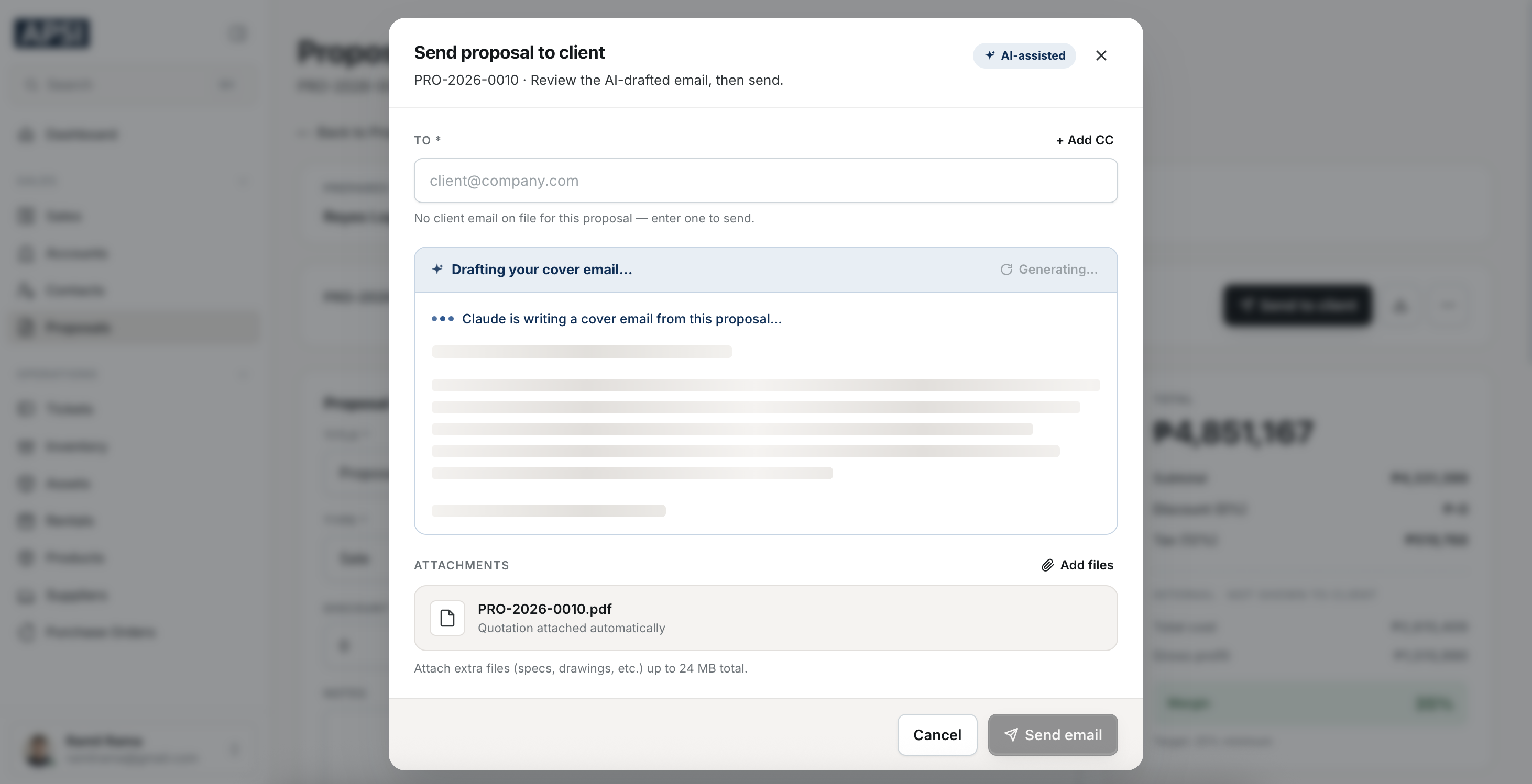 Send-proposal dialog where AI drafts the cover email from the proposal before sending
