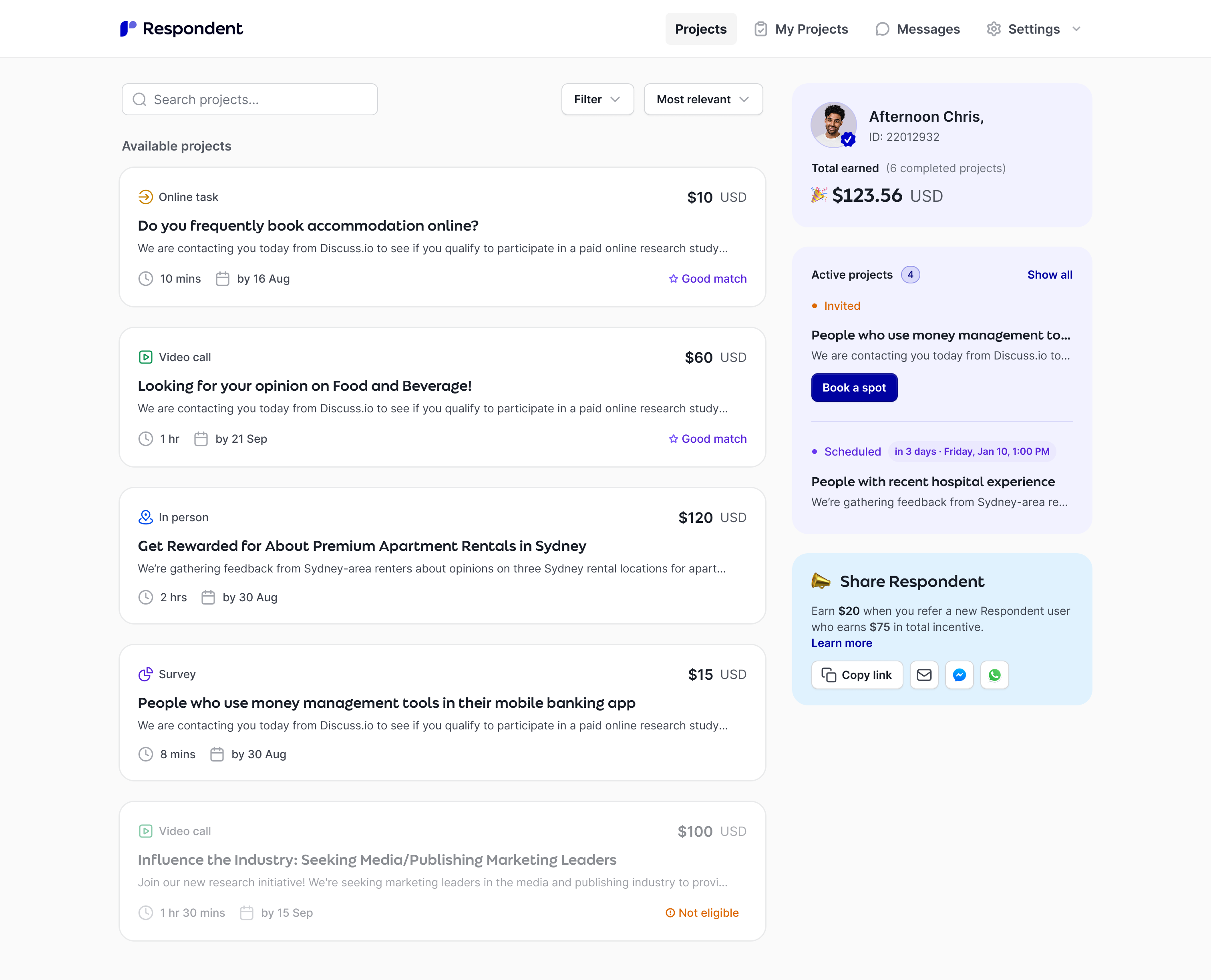 The redesigned Respondent participant dashboard: available projects, active projects and referral module