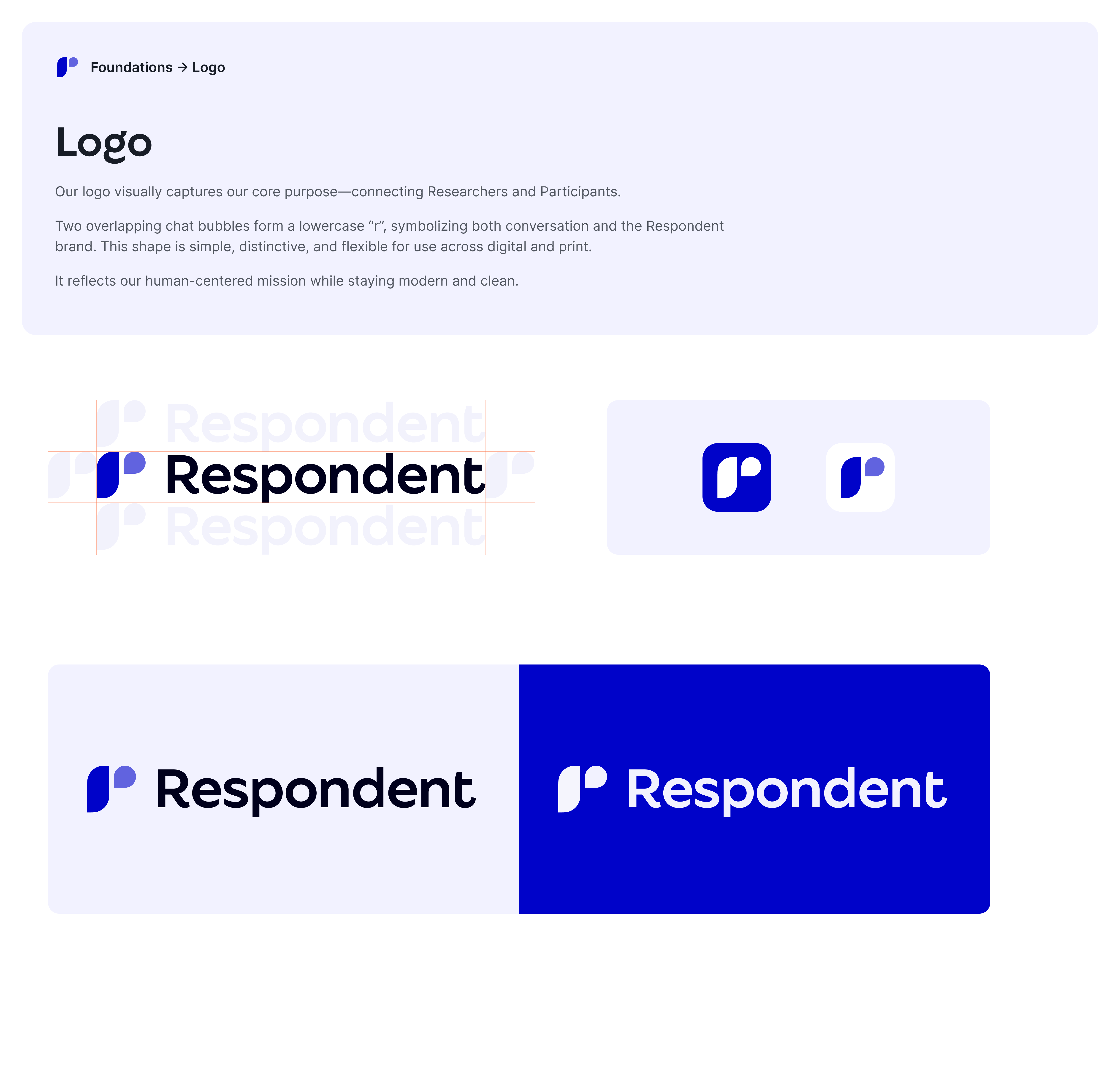 Respondent logo system: chat-bubble r mark, clearspace, app icons and lockups on light and blue