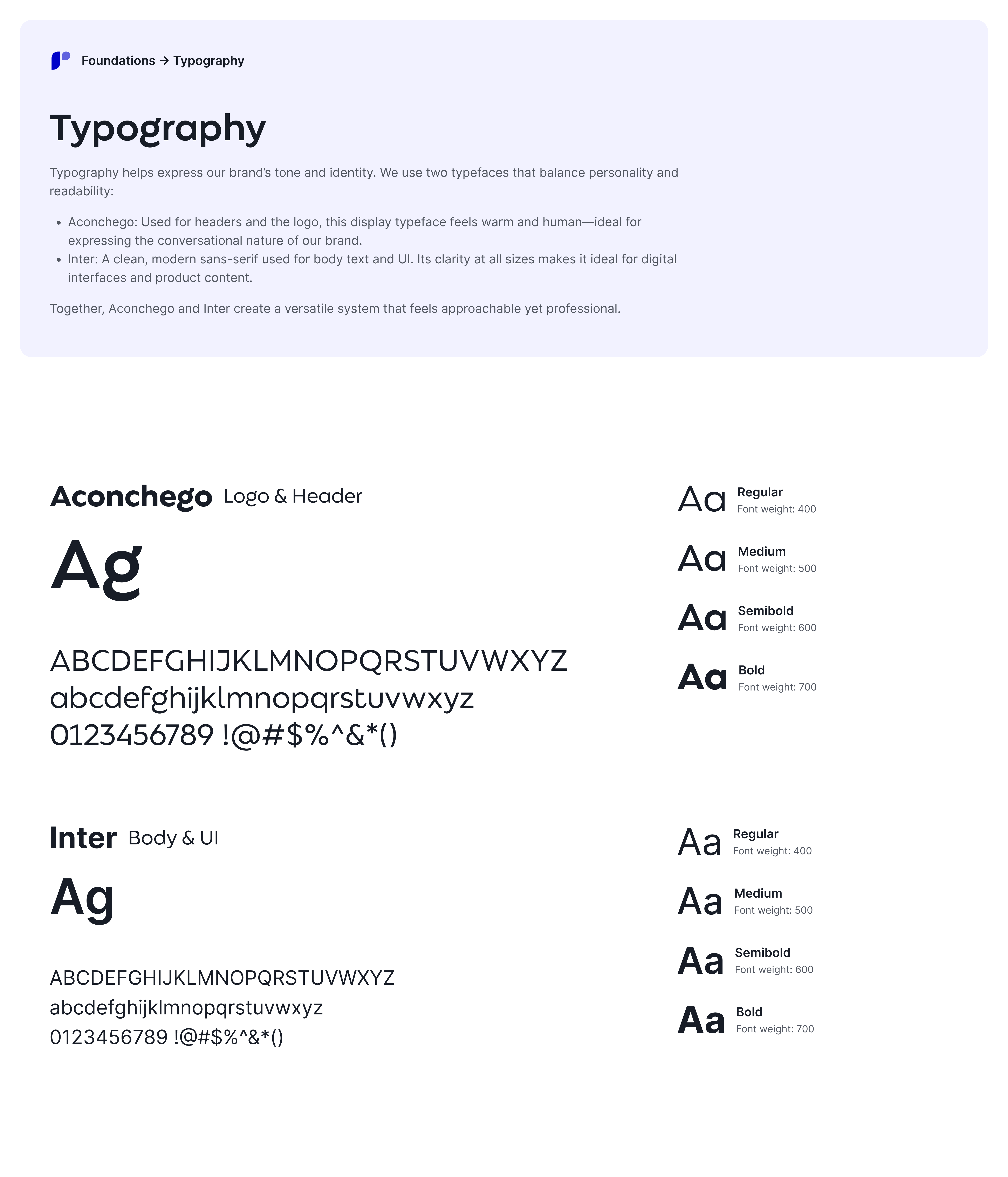 Typography: Aconchego for logo and headers, Inter for body and UI